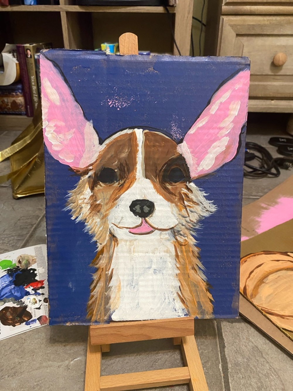 Hand-Painted Dog Portrait on Card Board - Pink Ears, Navy Background